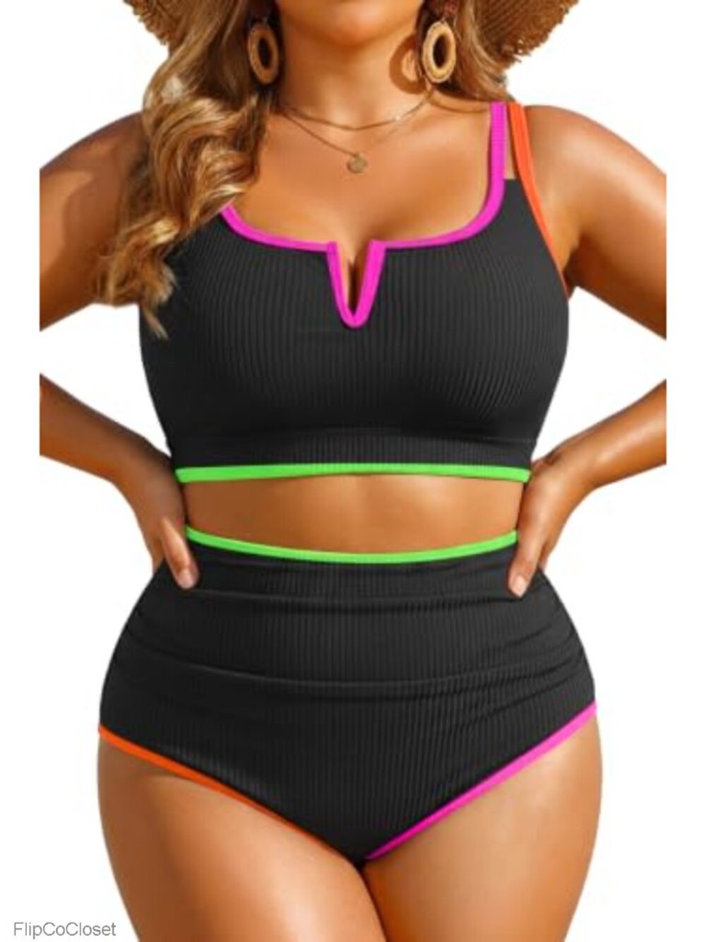 Plus Size High Waisted Bikini Ribbed Two Piece Tummy Control Swimsuit